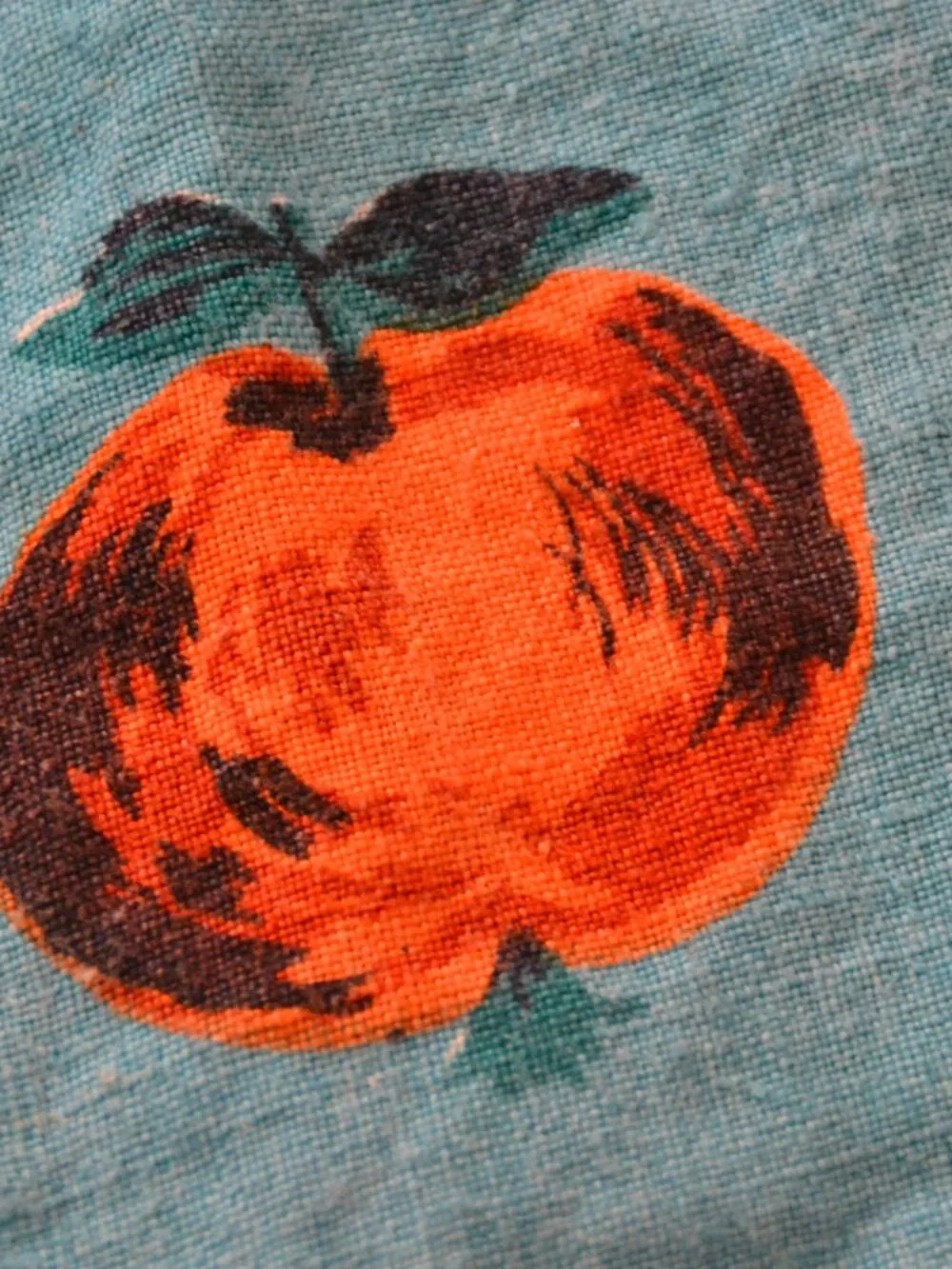 Vintage Mid-Century 100% Linen Tablecloth Fruit Turquoise Gold 57